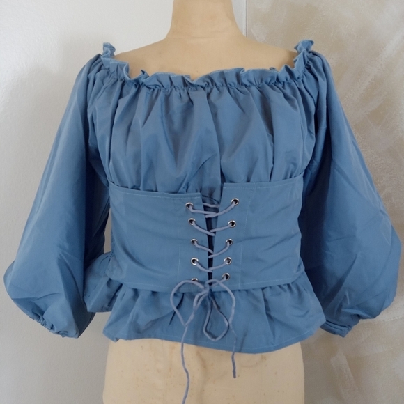 Omonsim Tops - Women Ruffled Off-The-Shoulder Lace-Up Peplum Top Dusty Blue
